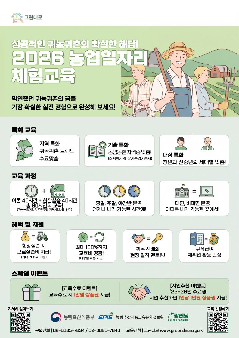 그린대로 2026 농업일자리 체험교육 안내 포스터. 성공적인 귀농귀촌의 확실한 해답! 막연했던 귀농귀촌의 꿈을 가장 확실한 실전 경험으로 완성해 보세요.

특화 교육: 지역 특화(귀농귀촌 트렌드 수요맞춤), 기술 특화(농업농촌 자격증 맞춤! 소형농기계, 유기농업기능사), 대상 특화(청년과 중신년의 세대별 맞춤).

교육 과정: 이론 40시간+현장실습 40시간 총 80시간의 교육(귀농농업창업 및 주택구입 지원사업 시간인정), 평일·주말·야간반 운영(언제나 내가 가능한 시간에!), 대면·비대면 운영(어디든 내가 가능한 곳에서!).

혜택 및 지원: 현장실습 시 근로실습비 지급!(최대 206,400원), 최대 100%까지 교육비 경감!(대상별 차등 지급), 귀농 선배의 현장 밀착 멘토링!, 구직급여 재취업 활동 인정.

스페셜 이벤트: [교육수료 이벤트] 교육수료 시 1만원 상품권 지급! [지인추천 이벤트] '22~26년 수료생 지인 추천하면 1인당 1만원 상품권 지급!

문의전화: 02-6085-7834 / 02-6085-7840. 교육신청: 그린대로 www.greendaero.go.kr. 주최: 농림축산식품부, 농림수산식품교육문화정보원(EPIS), 팜러닝(FARM LEARNING).